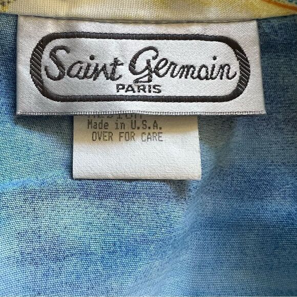 Vintage Saint Germain Coastal Scene Rayon Long Sleeve Blouse w/ Shoulder Pads M - Picture 5 of 8